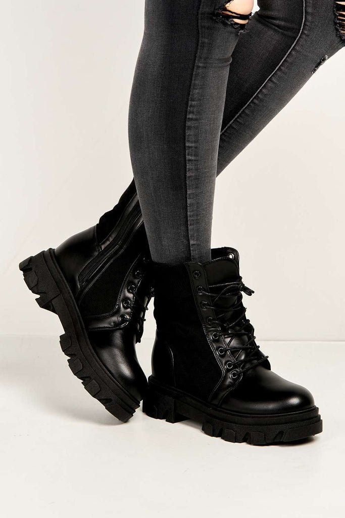 Movia Textured Stretch Panel Lace-up Combat Boots in Black Boots Miss Diva 