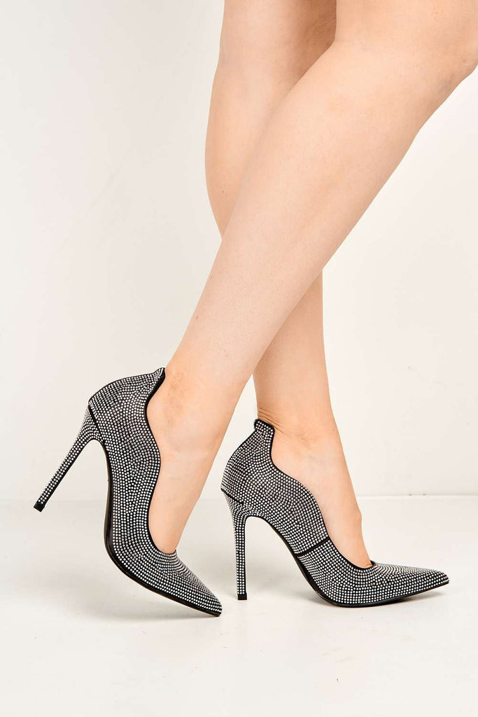 Ellice Diamante Embellished Court Shoes in Black Heels Miss Diva 