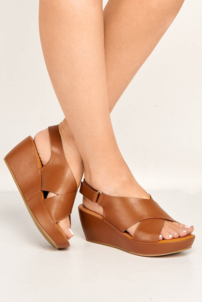 Klara Criss-Cross Straps Wedge Sandals in Tan Heels Miss Diva 