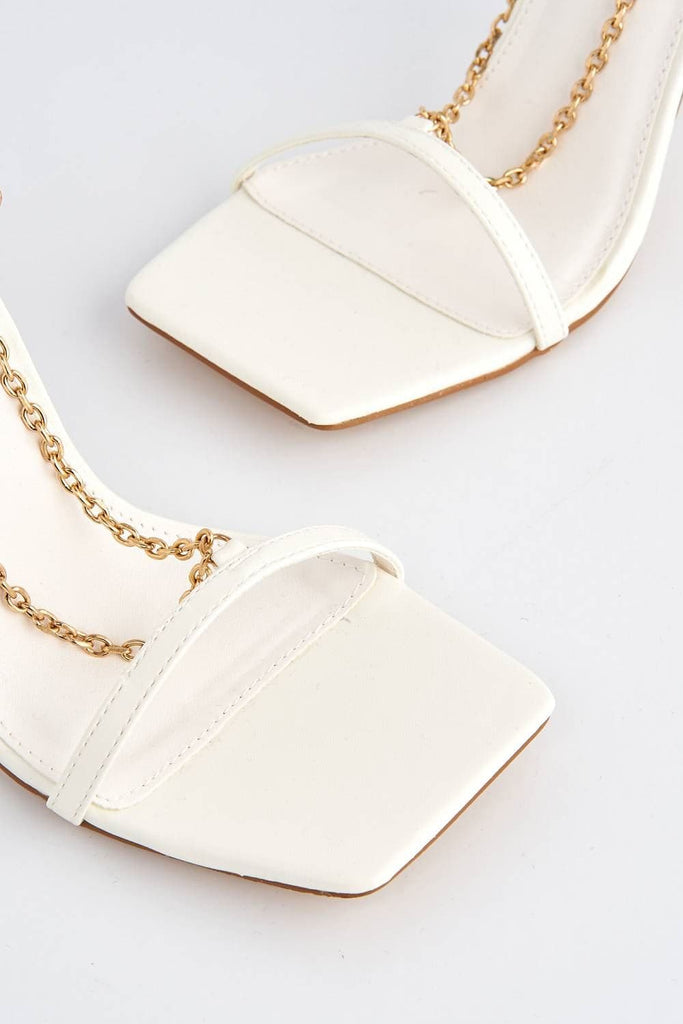 Albu Strap with Gold Chain Detail Anklestrap Heeled Sandal in White Heels Miss Diva 