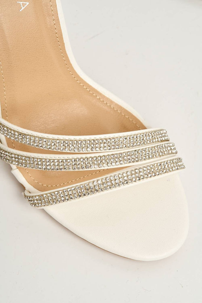 Theda Block Heel Diamante Embellished Ankle Strap Sandals in White PU Heels Miss Diva 