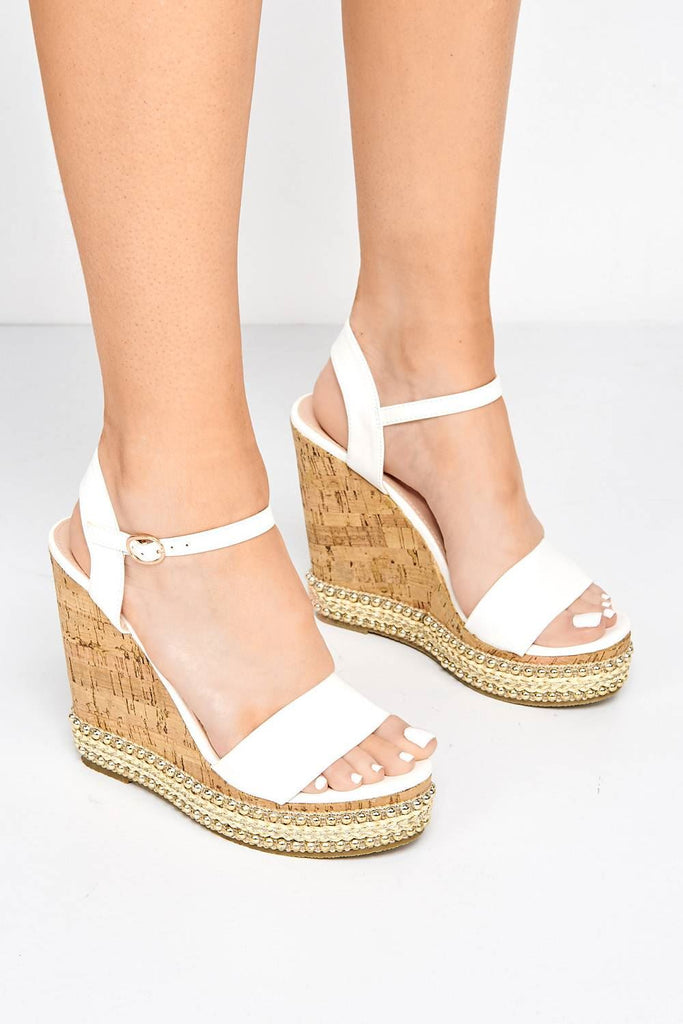 Sydney Flat Stud Sole Anklestrap Wedge in White PU Heels Miss Diva 