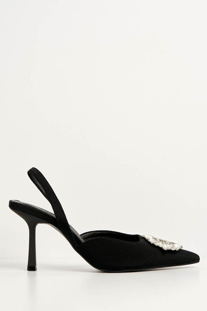 Amira Diamante Brooch Sling Back Court Shoes in Black Satin Heels Miss Diva 