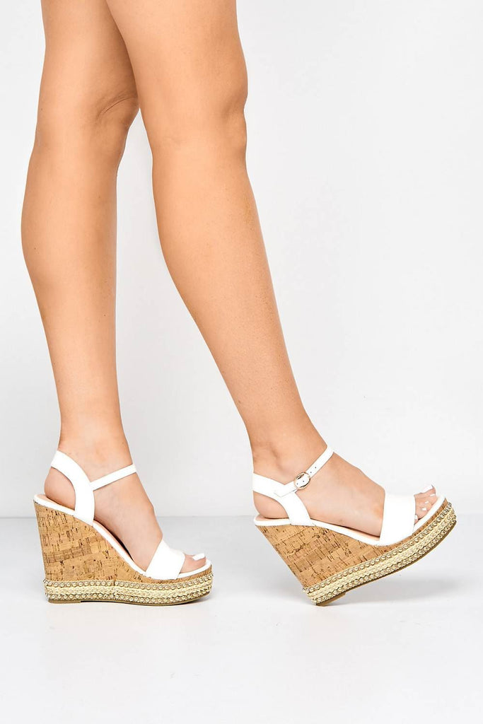 Sydney Flat Stud Sole Anklestrap Wedge in White PU Heels Miss Diva 