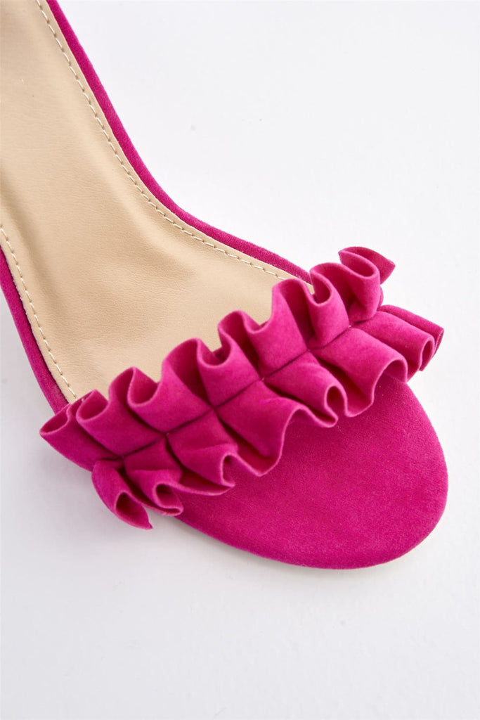 Ally Frill Detailed Anklestrap Sandal in Fuchsia Suede Heels Miss Diva 