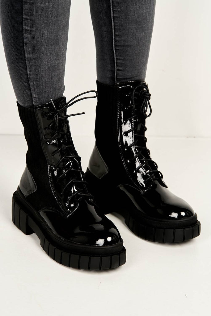 Carrie Chunky Lace-up Ankle Boots in Black Patent Boots Miss Diva 