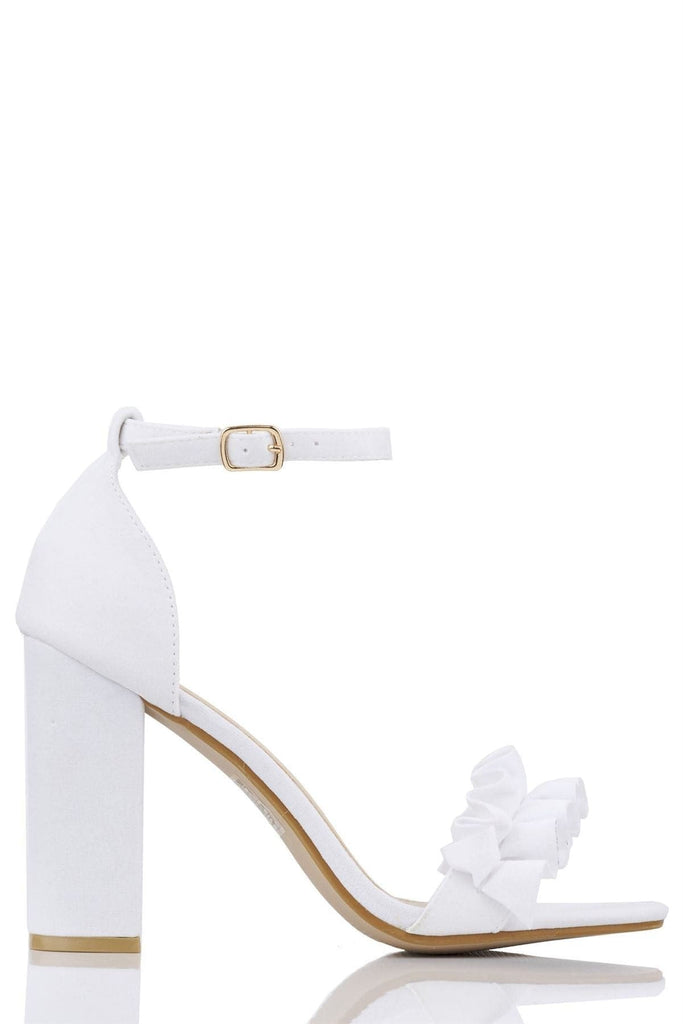 Ally Frill Detailed Anklestrap Sandal in White Suede Heels Miss Diva 