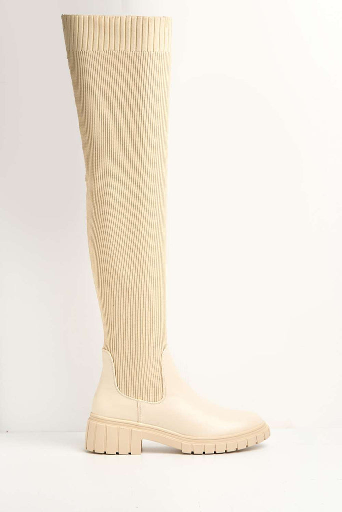 Udrisse Over The Knee Chunky Sock Boots in Beige Knit Boots Miss Diva 