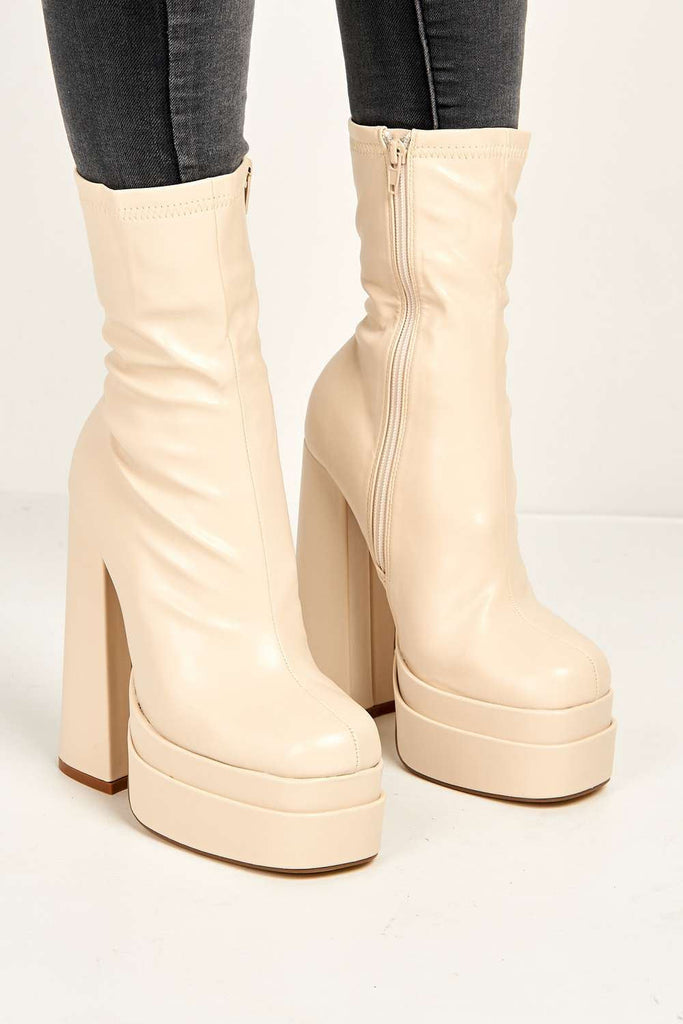 Yoola Chunky Block Heel Platform Heeled Ankle Boots in Beige Boots Miss Diva 