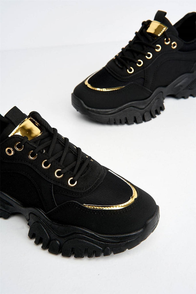 Volos Chunky Sole Gold Trim Trainer in Black Trainers Miss Diva 