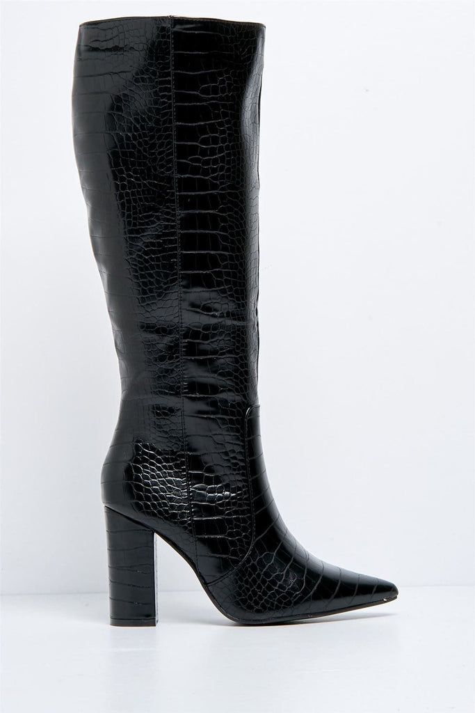 Darya Pointed Toe Knee High Boot with Zip in Black Croc Boots Miss Diva 