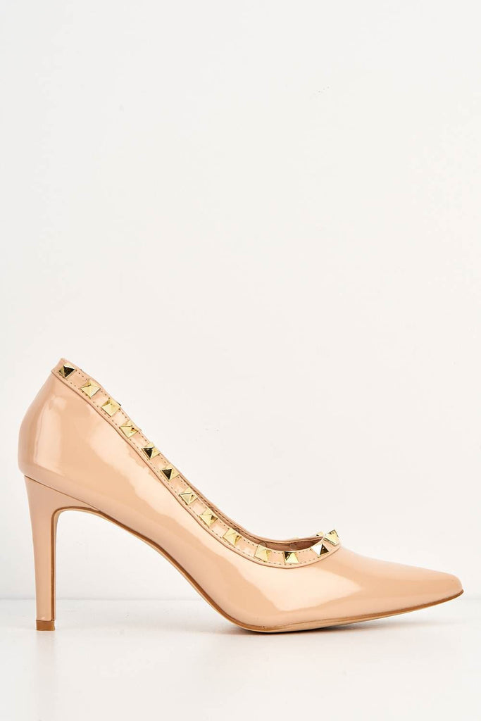 Zafira Gold Studded Court Shoes in Nude Patent Heels Miss Diva 