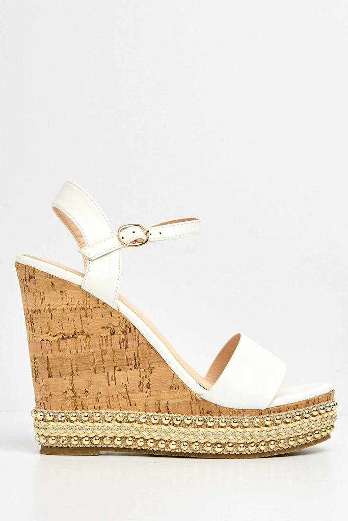 Sydney Flat Stud Sole Anklestrap Wedge in White PU Heels Miss Diva 