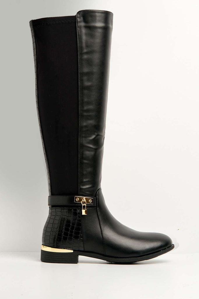 Daphine Knee High Lock Detail Boot in Black Matt Boots Miss Diva 