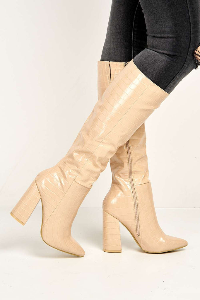 Simran Pointed Toe Knee High Boots with Zip in Nude Croc Boots Miss Diva 
