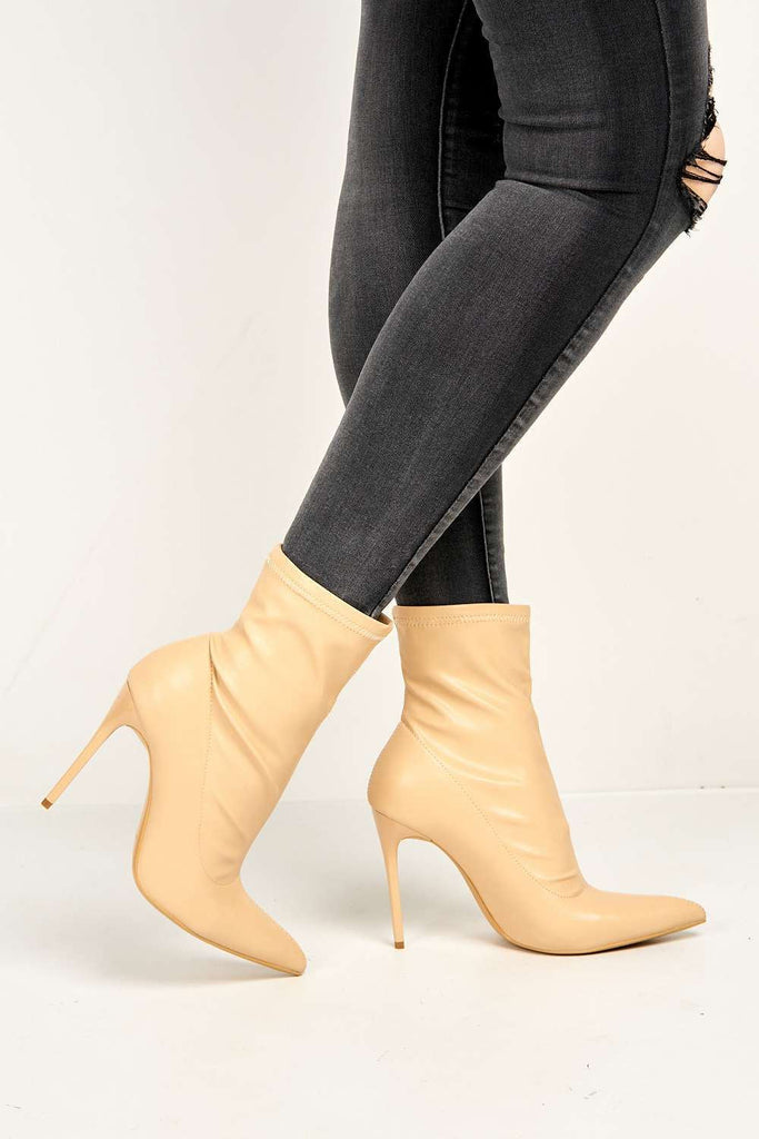 Eless Pointed Toe Stiletto Heeled Ankle Boots in Nude Matt Boots Miss Diva 