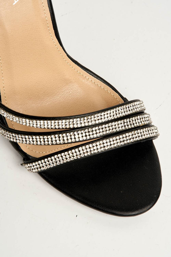 Theda Block Heel Diamante Embellished Ankle Strap Sandals in Black Matt Heels Miss Diva 