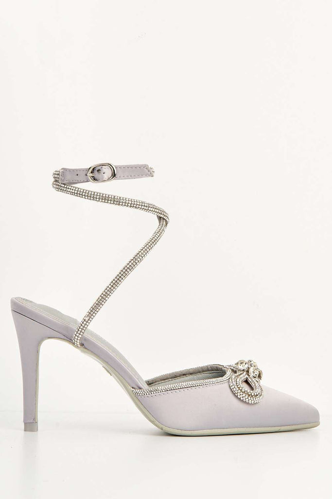 Natalie Pointed Toe Diamante Bow & Strap Court Shoe Heel in Silver Heels Miss Diva 