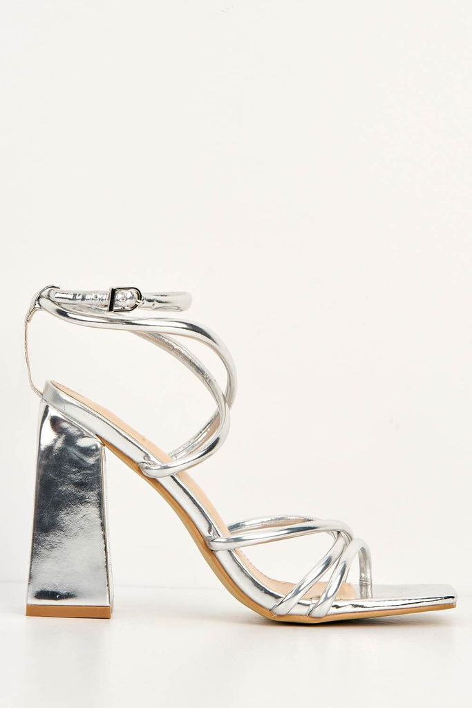 Chania Thick Strappy Block Heel Sandal in Silver Heels Miss Diva 