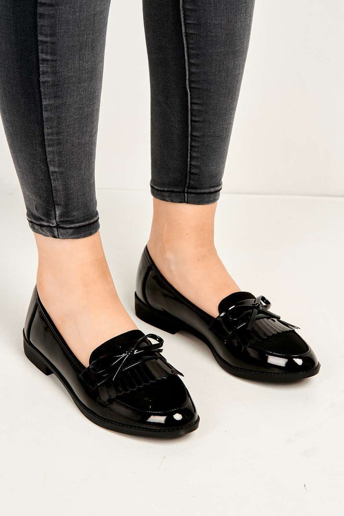 Morgan Fringe Detail Bow Loafers in Black Flats Miss Diva 