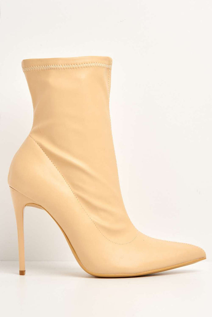 Eless Pointed Toe Stiletto Heeled Ankle Boots in Nude Matt Boots Miss Diva 