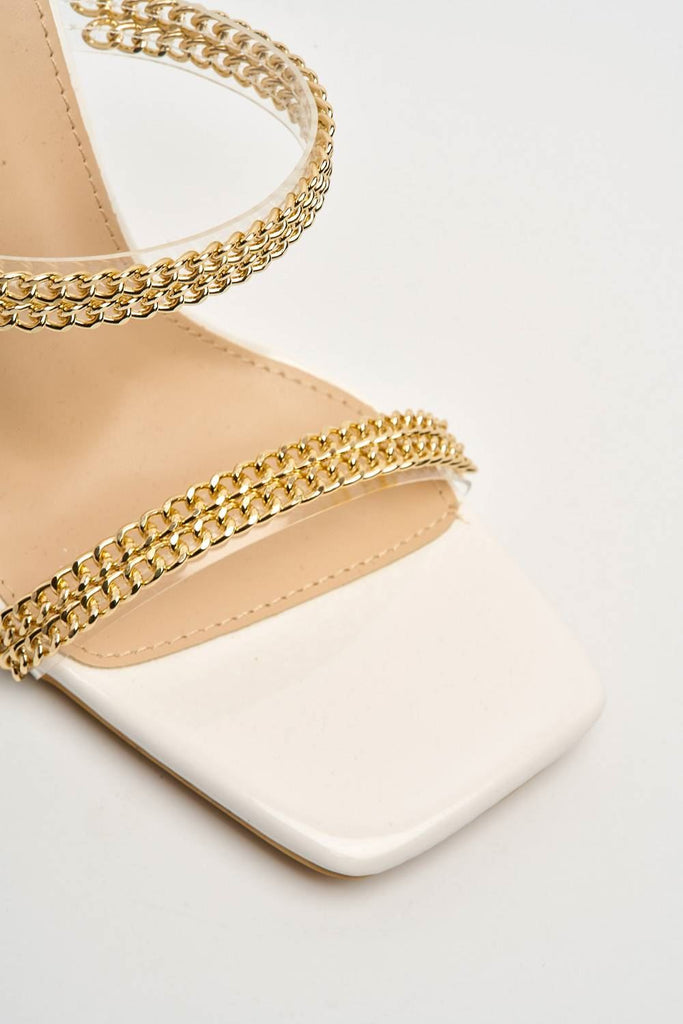 Lasca 2 Gold Chain Detail Band Mule in White Heels Miss Diva 