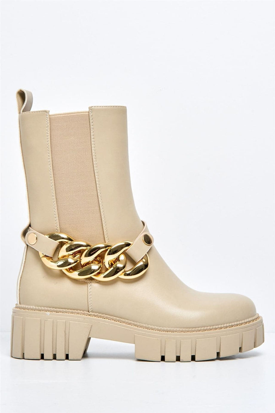 Annee Chain Detail Chunky Ankle Boots in Beige – Miss Diva