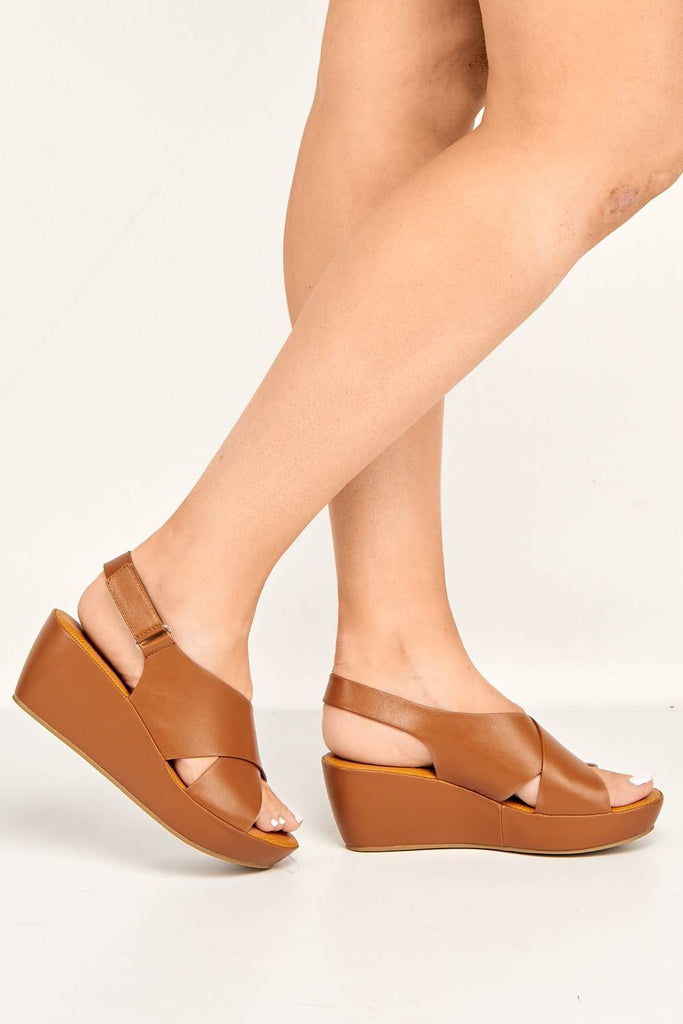 Klara Criss-Cross Straps Wedge Sandals in Tan Heels Miss Diva 