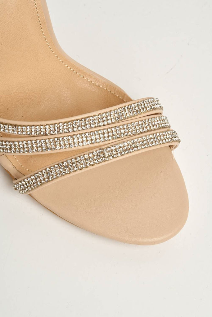 Theda Block Heel Diamante Embellished Ankle Strap Sandals in Nude PU Heels Miss Diva 