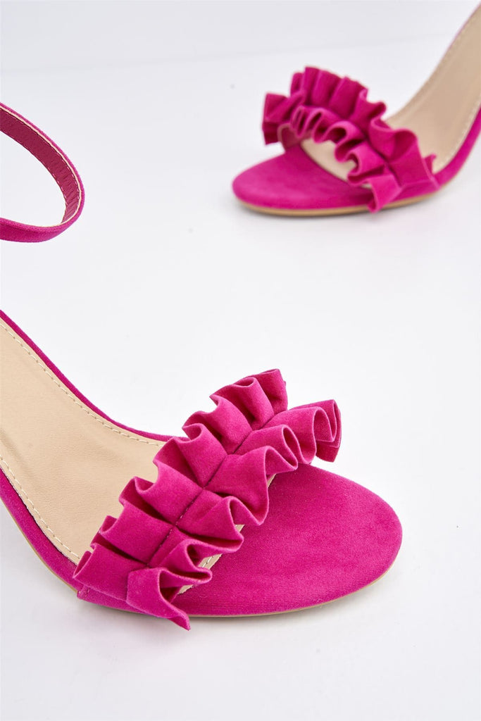 Ally Frill Detailed Anklestrap Sandal in Fuchsia Suede Heels Miss Diva 