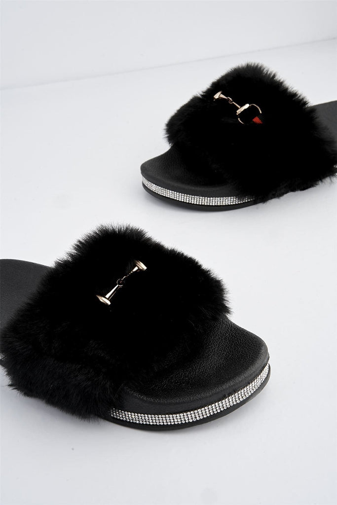 Mabel Furry Slider With Buckle in Black Flats Miss Diva 