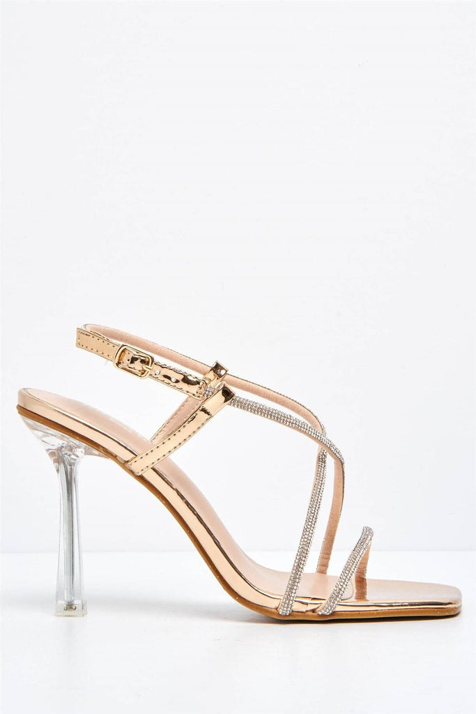 Sorrento Diamante Strap Square Toe Heel Sandal in Champagne Heels Miss Diva 