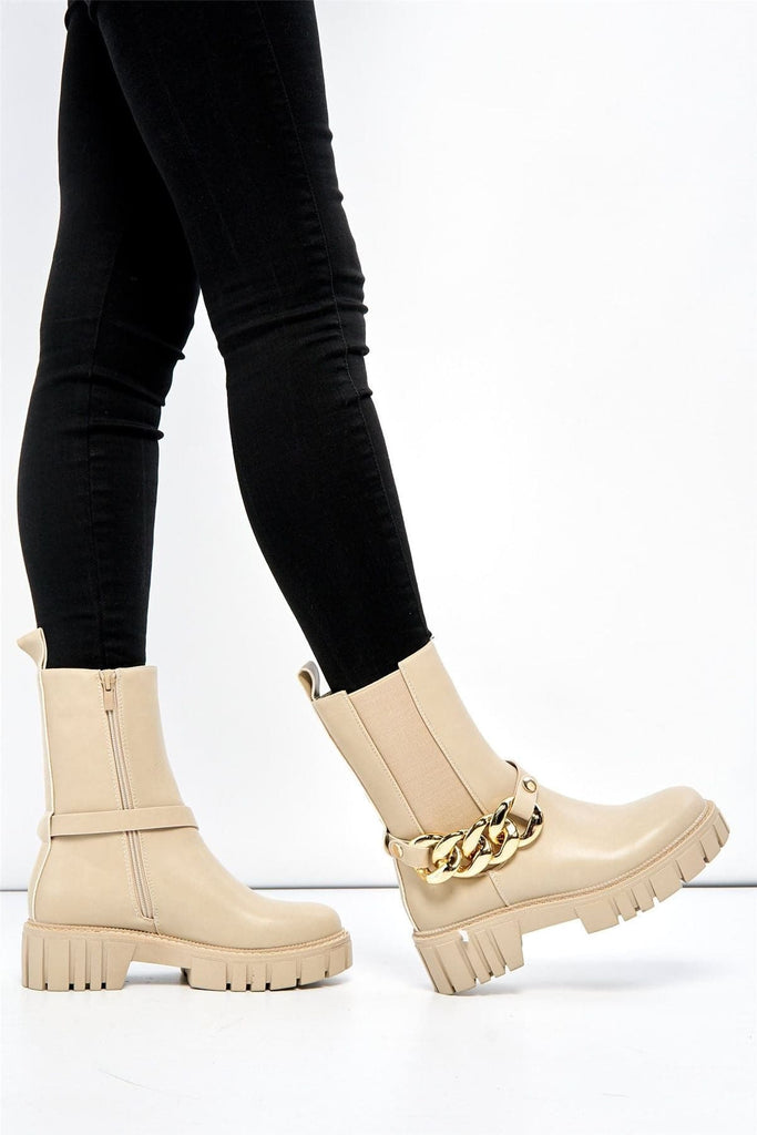 Annee Chain Detail Chunky Ankle Boots in Beige Boots Miss Diva 