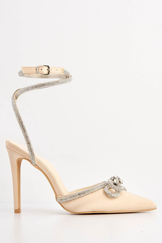 Natalie Pointed Toe Diamante Bow & Strap Court Shoe Heel in Beige Heels Miss Diva 