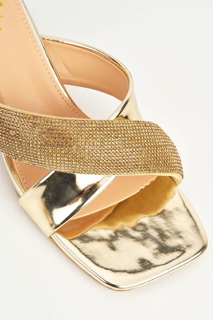 Vellen Diamante Embellished Criss-Cross Strap Mules in Gold Heels Miss Diva 