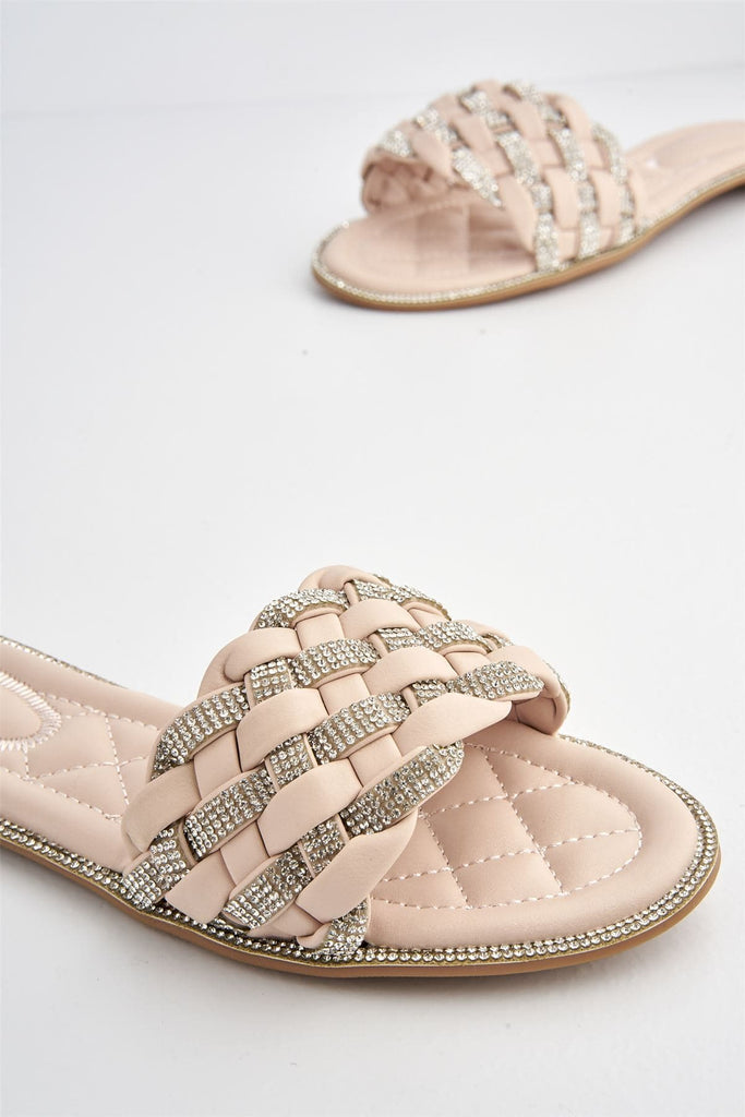 Hillary Diamante Plaited Band Slider in Nude Flats Miss Diva 