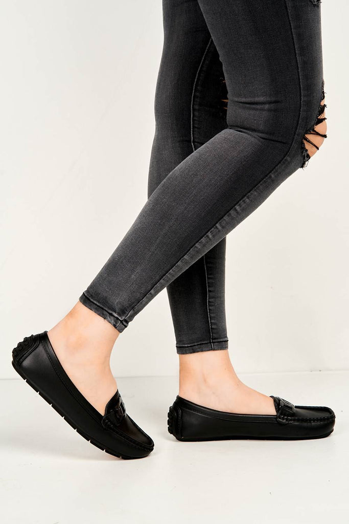 Kristin Flat Square Toe Loafers with Chain Detail in Black Flats Miss Diva 