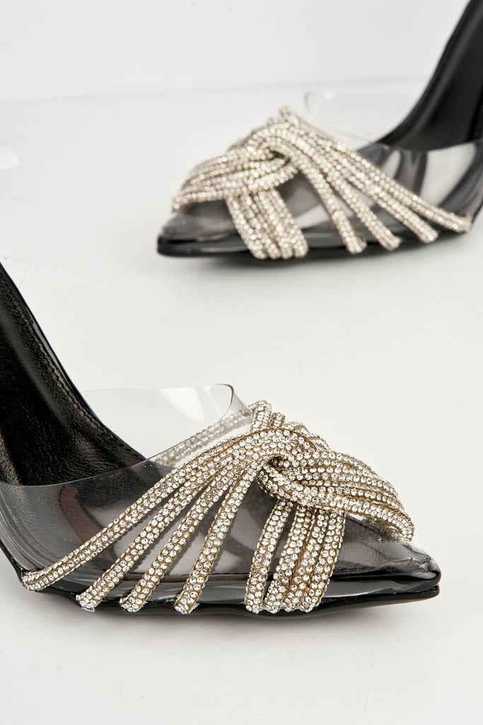 Princezza Diamante Embellished Pointed-Toe Court Shoes in Black Heels Miss Diva 