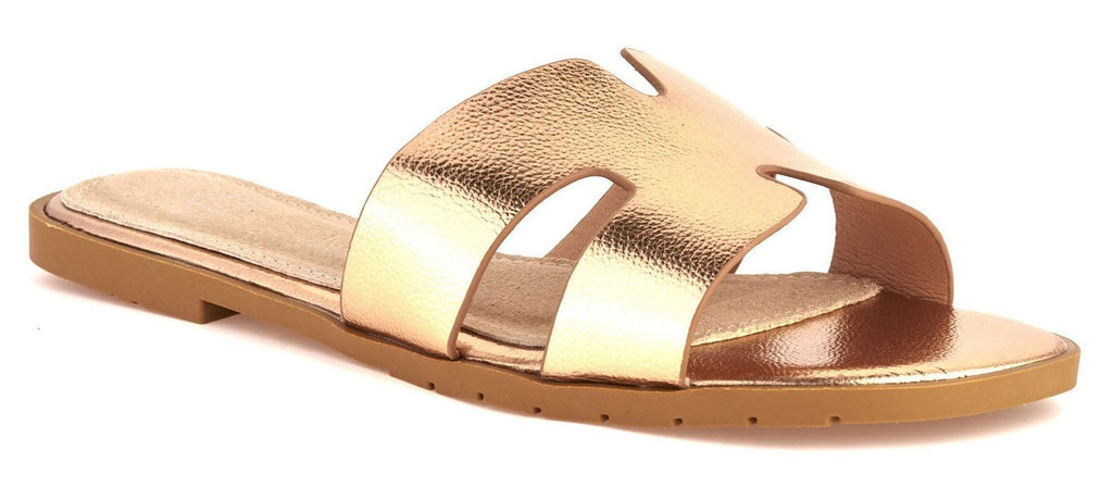 California Faux Leather Open Toe Flat Slider in Rose Gold Flats Miss Diva 