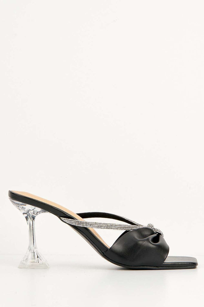 Papillio Diamante Embellished Bow Mules with Perspex Heel in Black Heels Miss Diva 