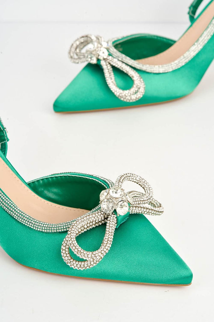 Fleur Diamante Embellished Bow Detail Court Shoes in Green Heels Miss Diva 