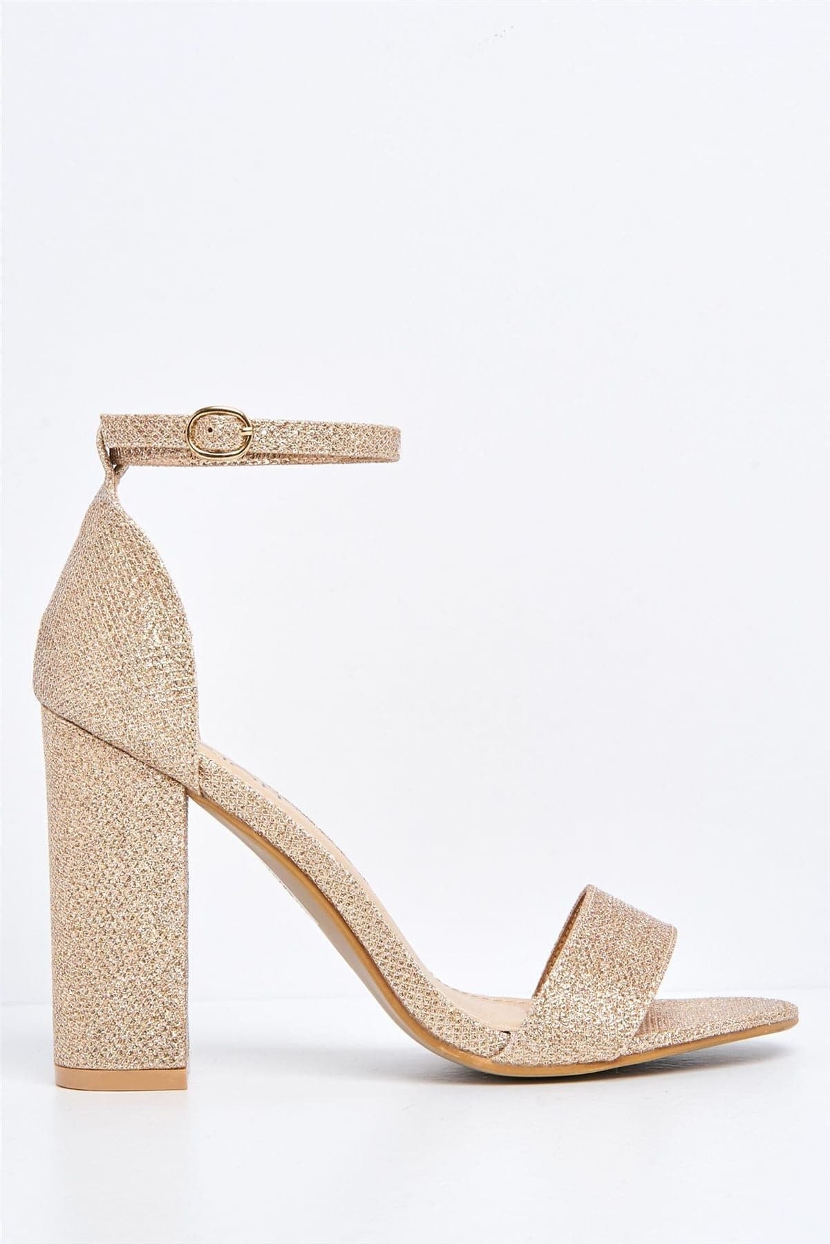 May Barely There Block Heel Ankle Strap Sandal in Rose Gold Mesh