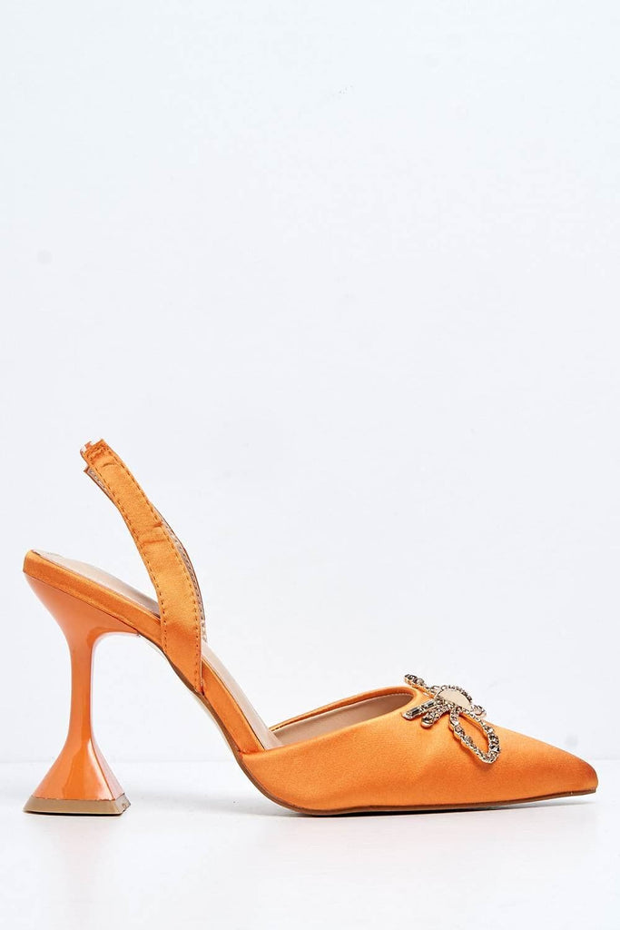 Leiria Diamante Bow Brooch Pointed Toe Spool Heel Court Shoe in Orange Heels Miss Diva 