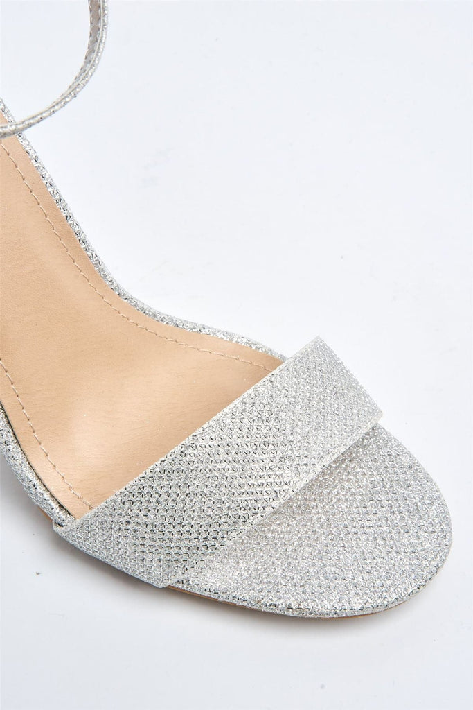 May Barely There Block Heel Ankle Strap Sandal in Silver Mesh Heels Miss Diva 