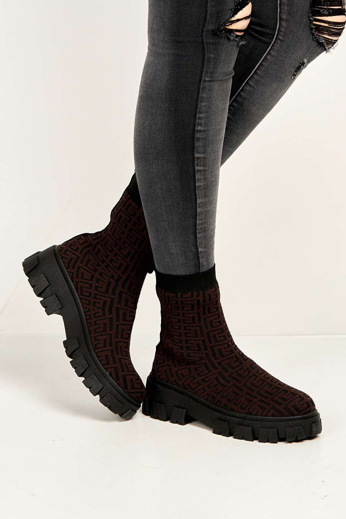 Mattie Geometric Print Chunky Sole Ankle High Sock Boots in Brown Boots Miss Diva 