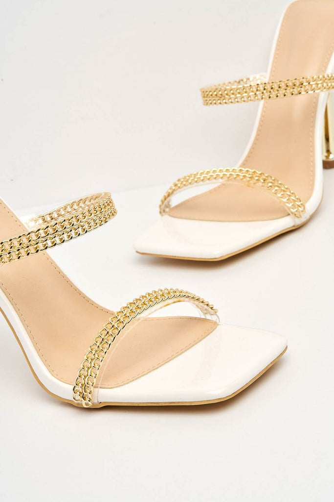 Lasca 2 Gold Chain Detail Band Mule in White Heels Miss Diva 