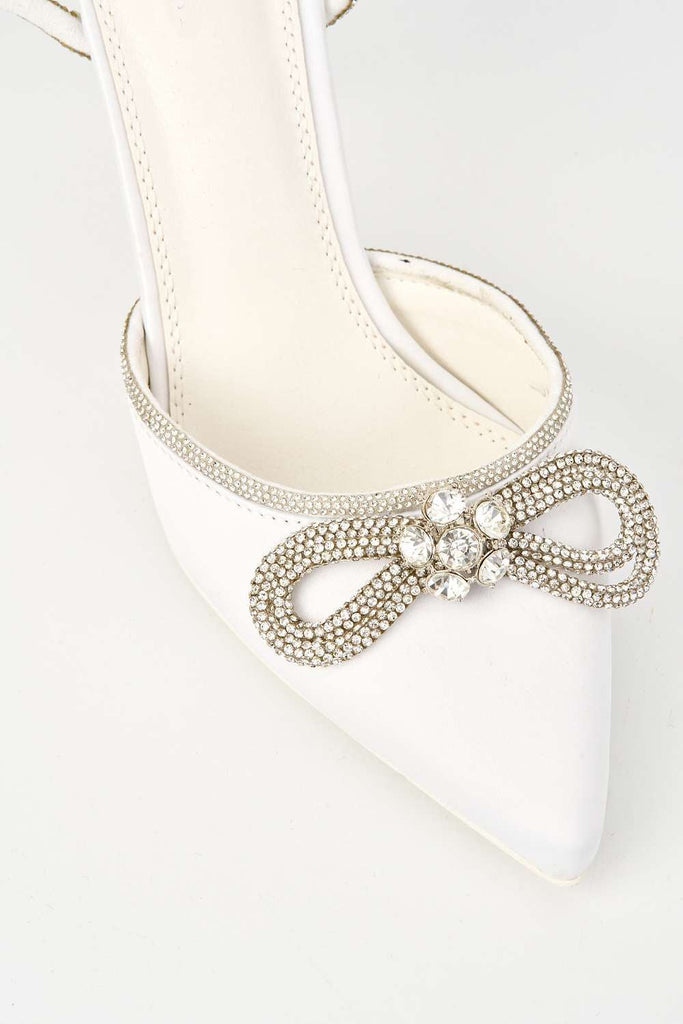 Natalie Pointed Toe Diamante Bow & Strap Court Shoe Heel in Ivory Heels Miss Diva 