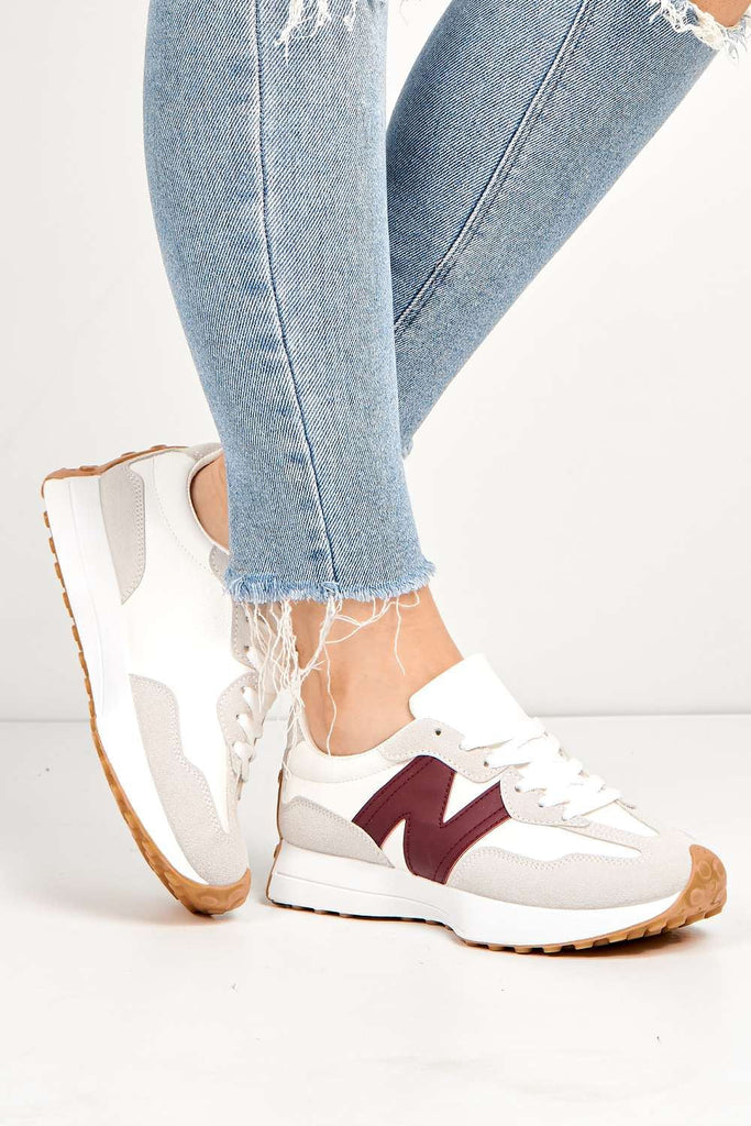 Flexi Two-Tone PU Detail Lace-up Trainers in White / Red Trainers Miss Diva 
