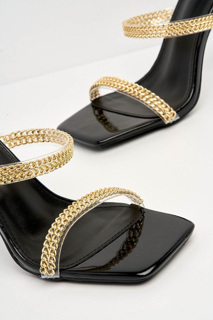 Lasca 2 Gold Chain Detail Band Mule in Black Heels Miss Diva 