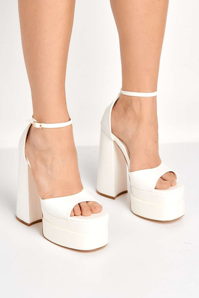 Adian Open Toe Platform Anklestrap Block Heels in White PU Heels Miss Diva 